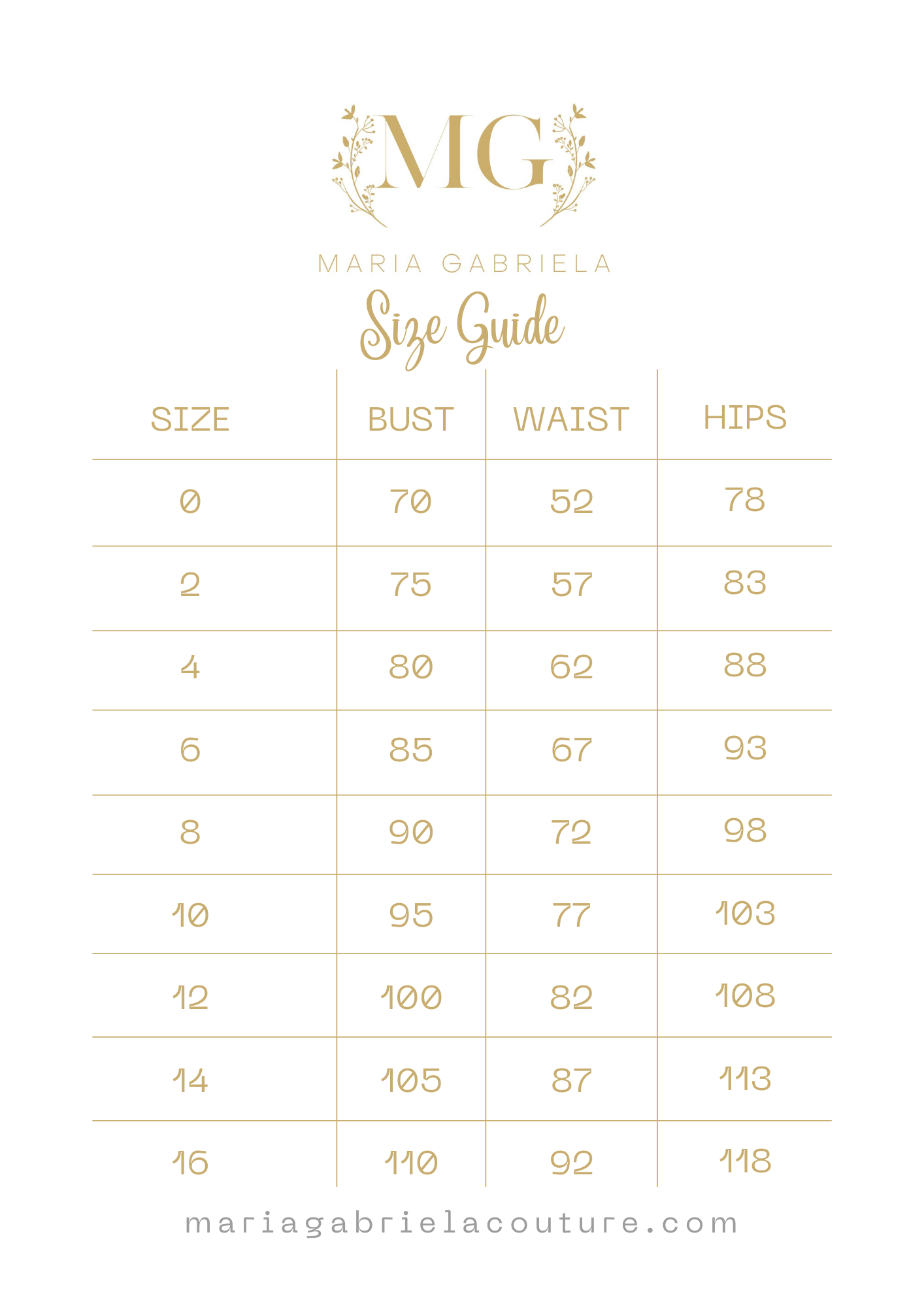 Size guide chart for Maria Gabriela Couture, listing bust, waist, and hips measurements for sizes 0 to 16.