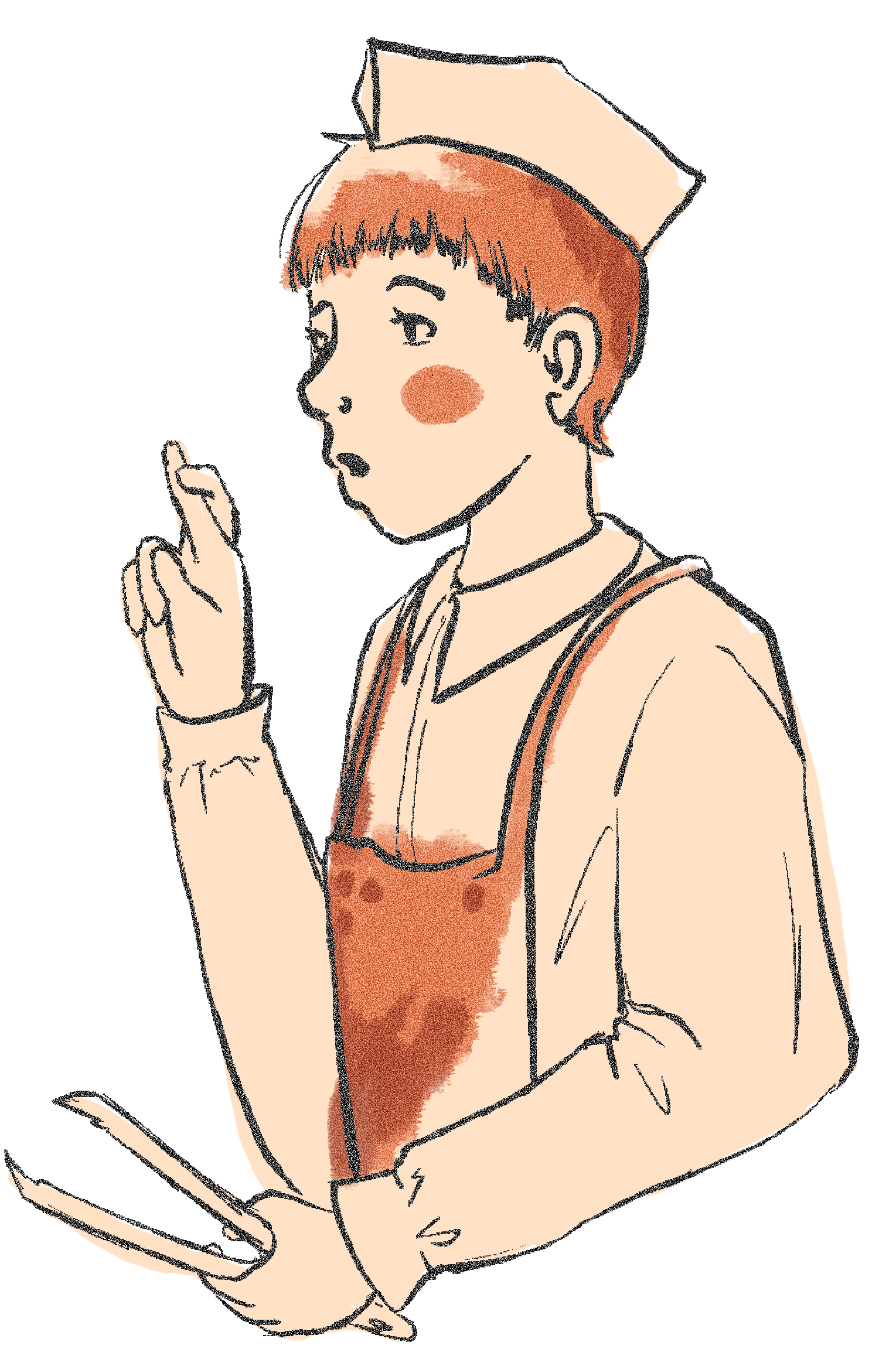 A Rib Scout boy recites the pledge and holds his fingers crossed while holding tongs.