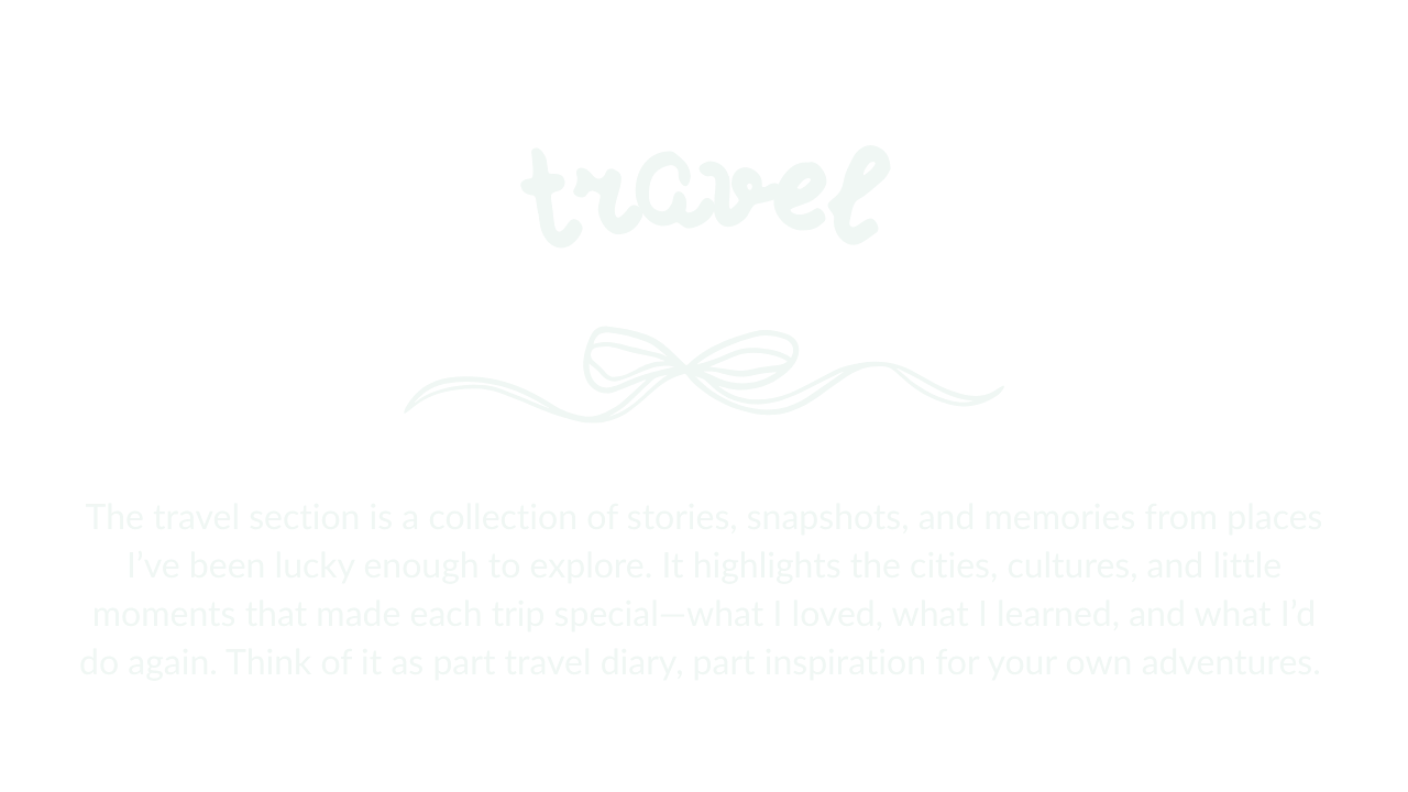Decorative travel-themed graphic with the word 'travel' and a bow, including a paragraph about collecting travel memories, stories, and moments from trips.