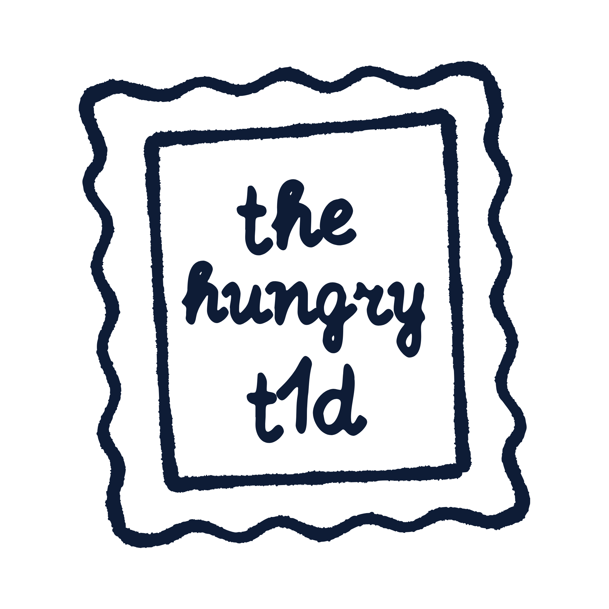 Hand-drawn sign with wavy border reads 'the hungry tld' in dark blue ink.