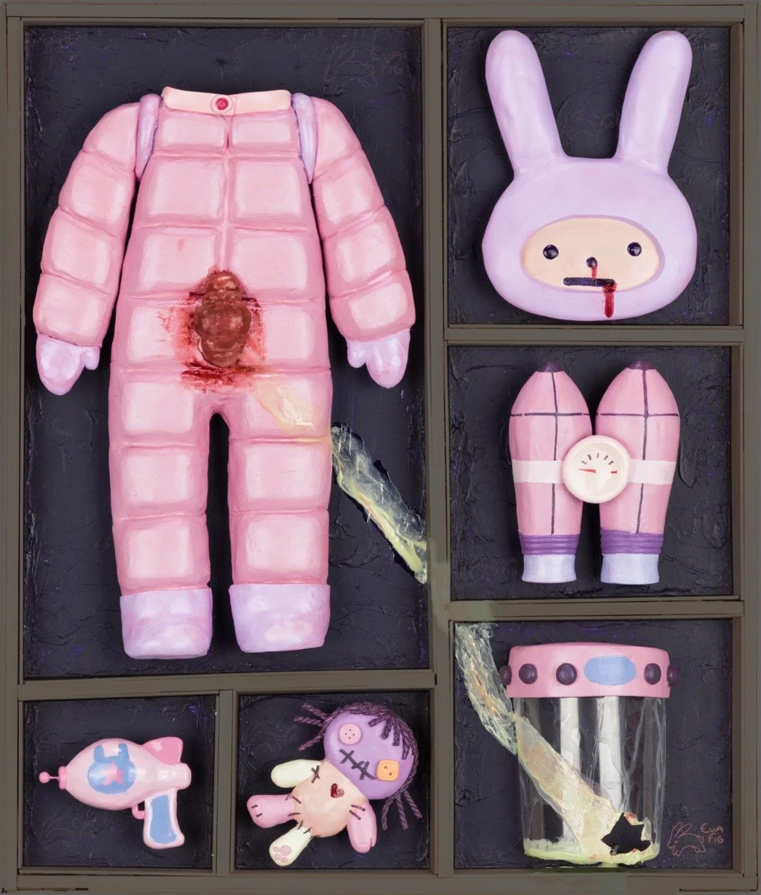 Bunny in Space doll concept with Escaped Specimen
19inX16in Sculpture 
polymer clay, uv resin, recycled plastic, liquid latex