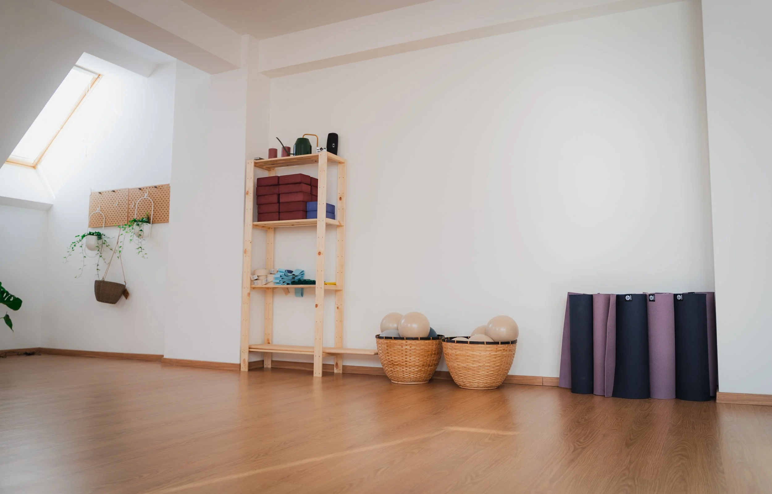 Empty yoga or fitness studio with wooden floor, wall-mounted pegboard, potted hanging plant, wooden shelf with yoga blocks and mats, two baskets filled with exercise balls, and yoga mats leaning against the wall.
