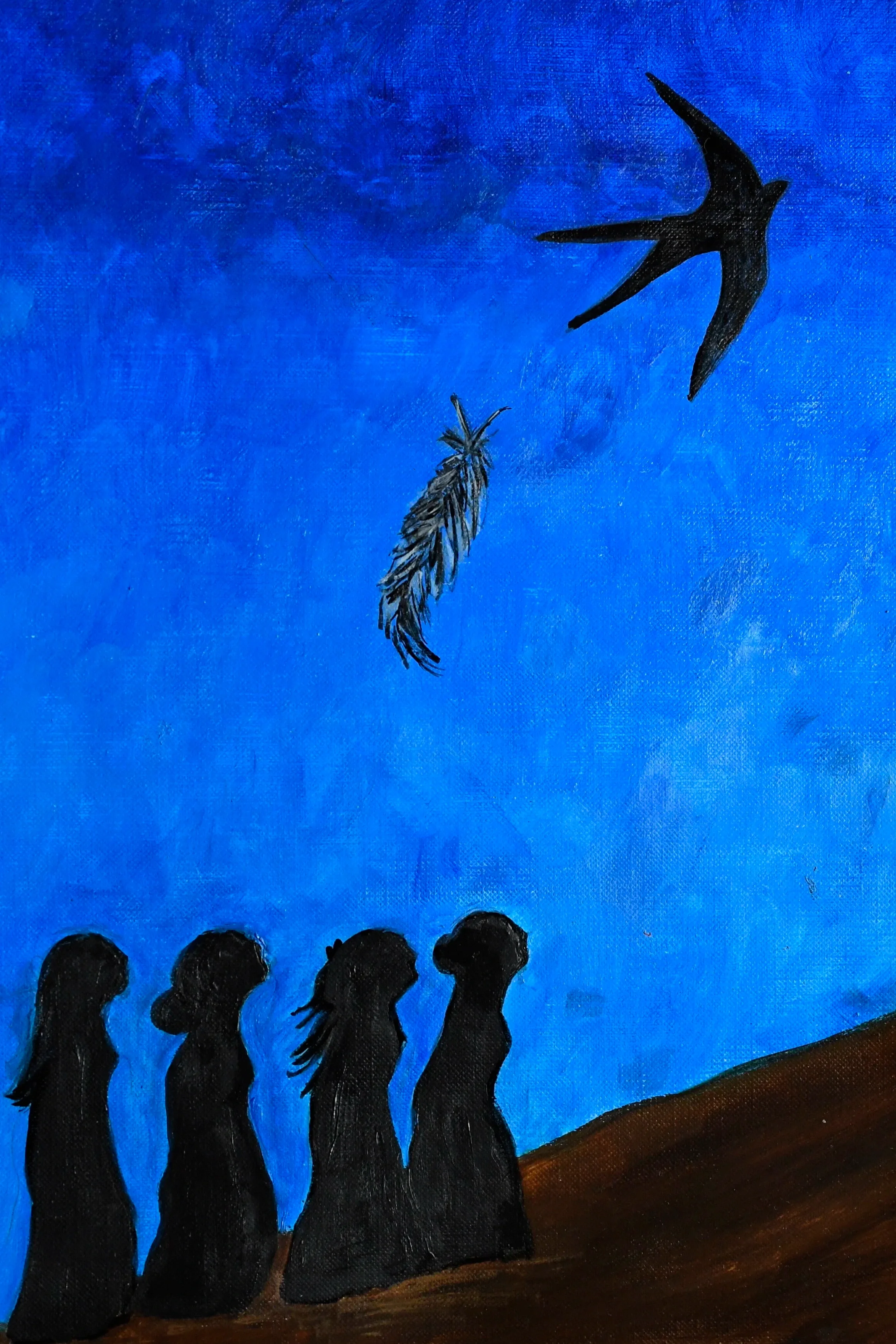 Silhouettes of four women with long hair sitting on a hillside, watching a blue sky with a bird flying, and a feather above.