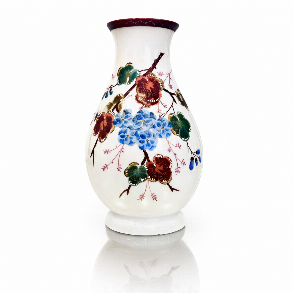 Bohemian Opaline Glass Vase, Hand-Painted Enamel Floral Decoration