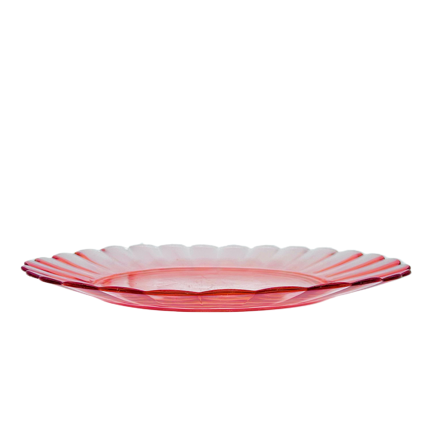 French Pink Pressed Glass Scalloped Plate, Art Deco Petal Form Serving Plate