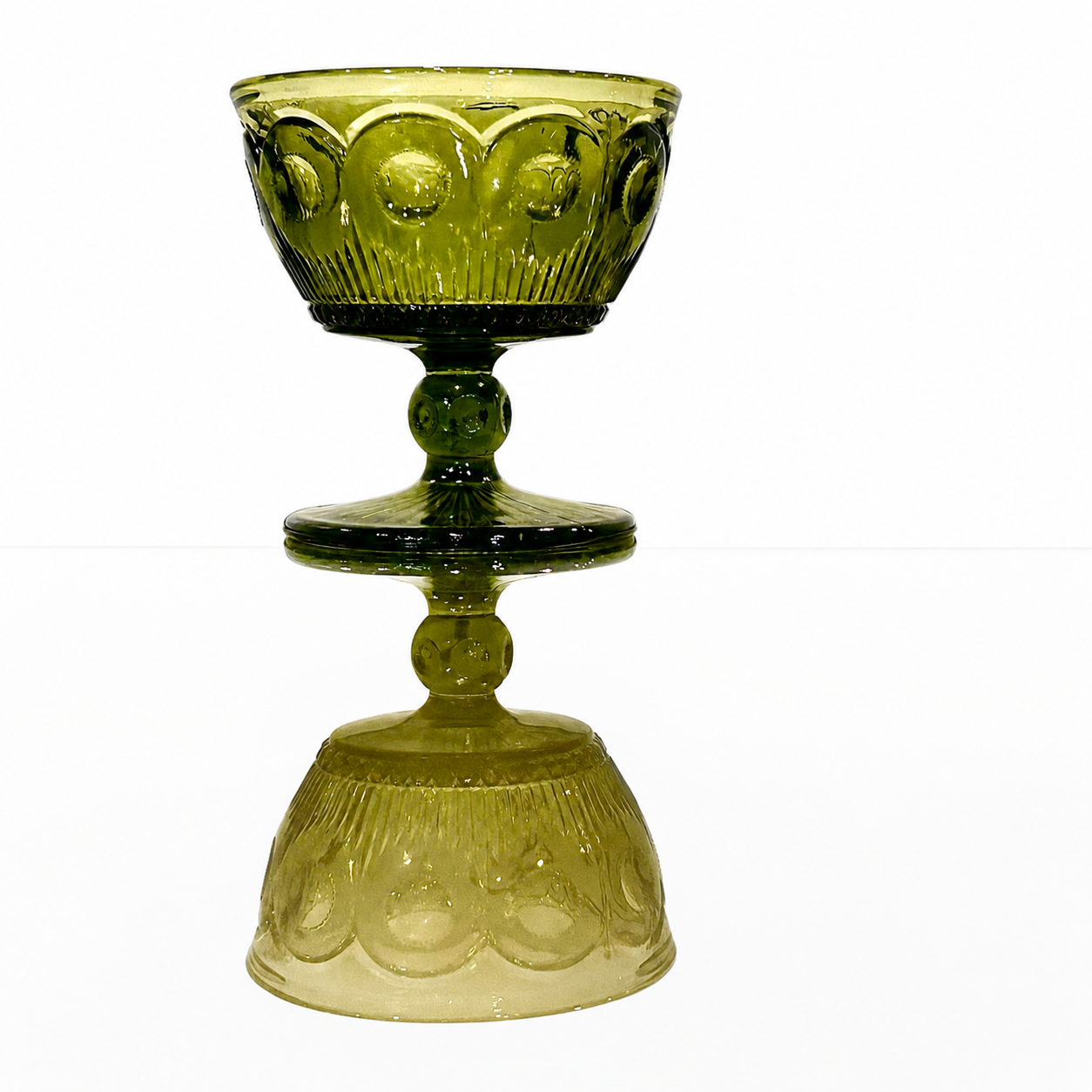 Olive Pressed Glass Pedestal Dish, Moon and Star Pattern, Circa 1888