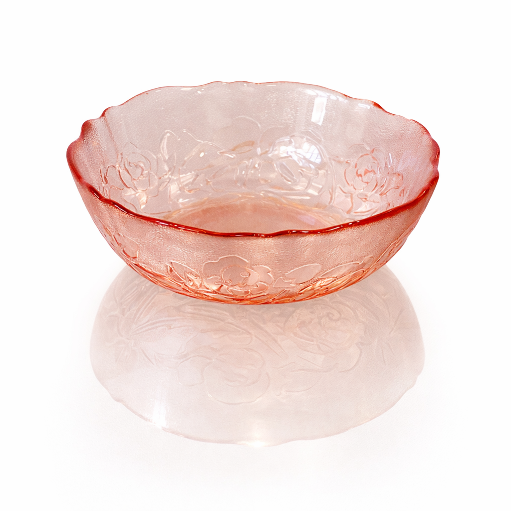 Bagley Moulded-Rose Satin Rose-Pink Pressed-Glass Bowl — England, circa 1930s (interwar)