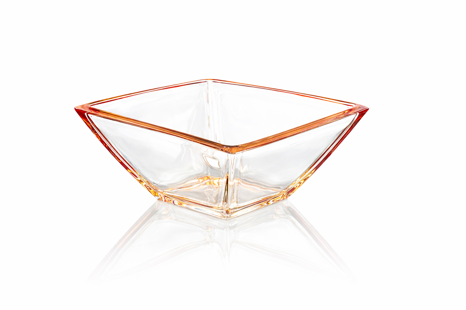 Italian Sommerso Art Glass Square Bowl, Amber and Crimson Faceted Form