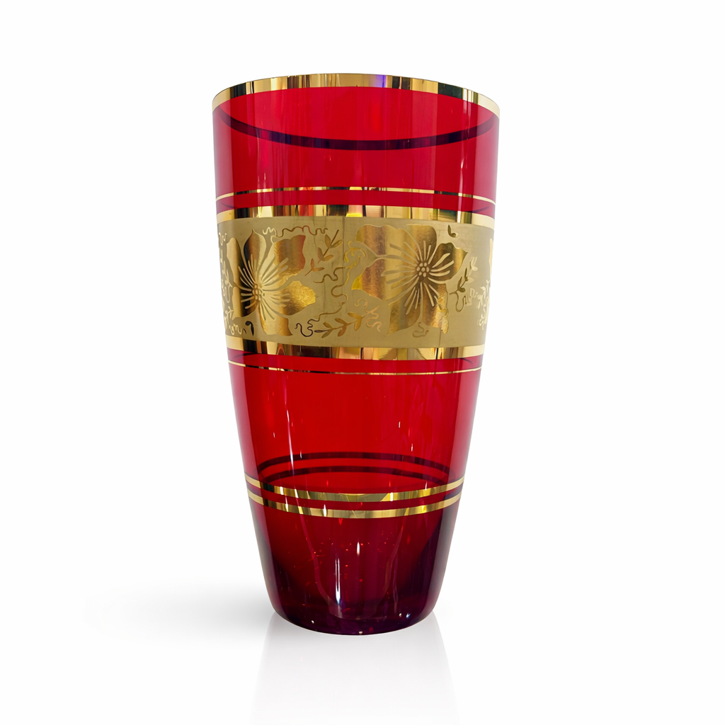 Mid-Century Bohemian Ruby Red Art Glass Vase with 24K Gold Gilt Etched Floral Frieze – 1950s Cranberry Glass Masterpiece – Exceptional Collector Condition
