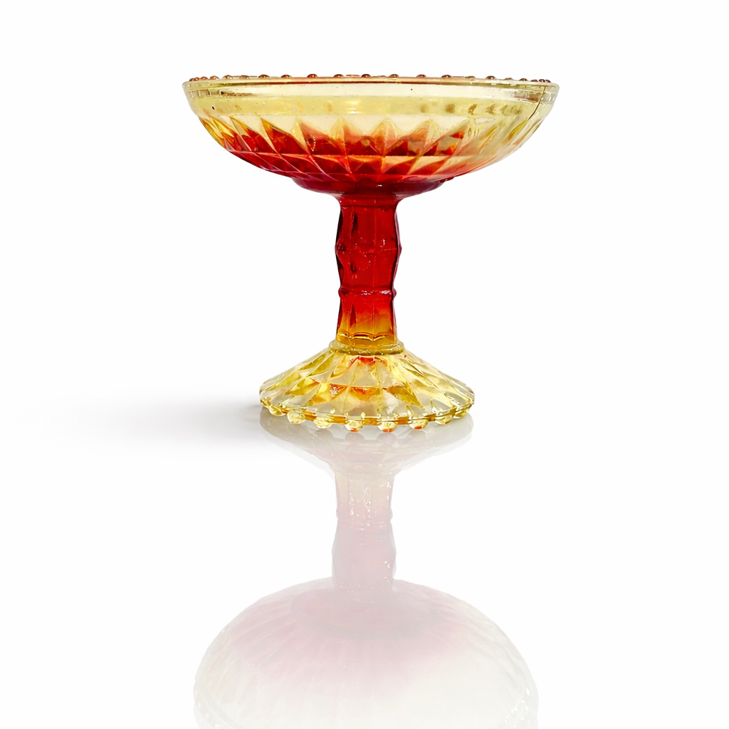 Amberina Pressed Glass Pedestal Compote, Scalloped Sawtooth Form