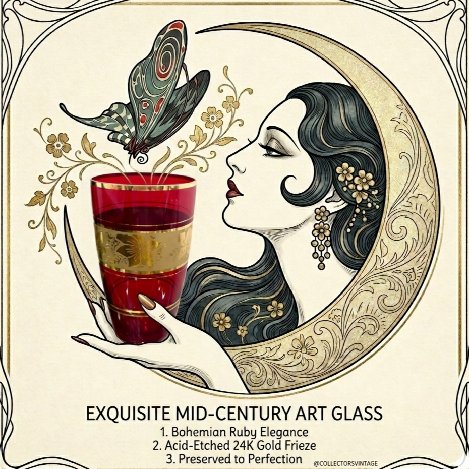Mid-Century Bohemian Ruby Red Art Glass Vase with 24K Gold Gilt Etched Floral Frieze – 1950s Cranberry Glass Masterpiece –