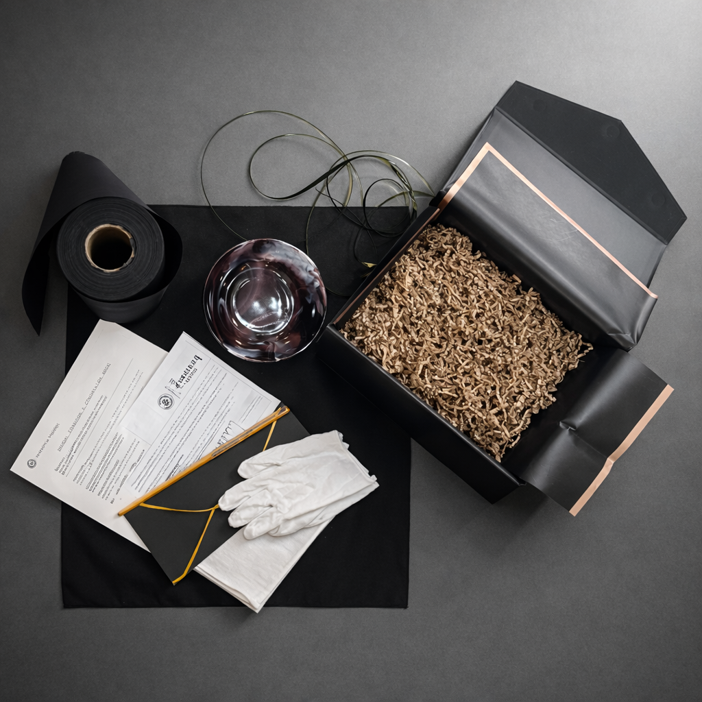 An arrangement of various items including a black roll of gift wrap, a clear glass bowl, a black and clear holiday-themed box filled with shredded paper filler, a pair of white gloves, a document, a black envelope secured with a yellow rubber band, a pencil, a black cutting mat, and some clear thin wires, all set on a gray background.
