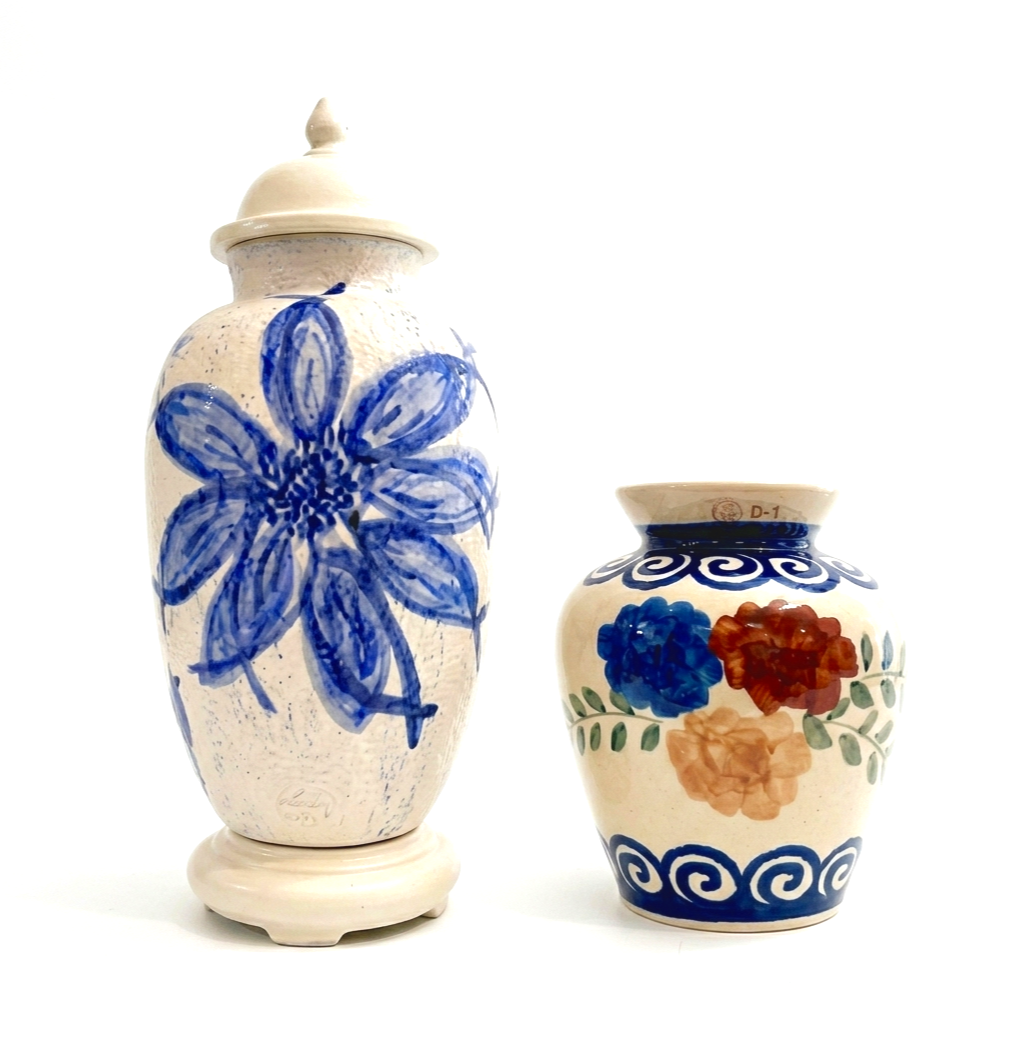 Signed Cobalt Floral Ceramic Assemblage, Hand-Painted Textural Glaze