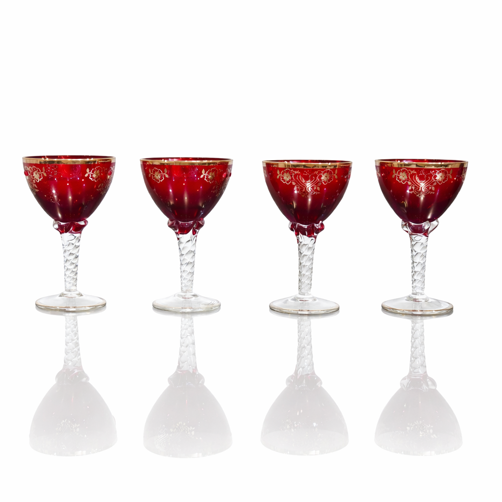 Czech Bohemian Ruby Glass Gilded Aperitif Glasses, Hand-Painted Floral Motif
