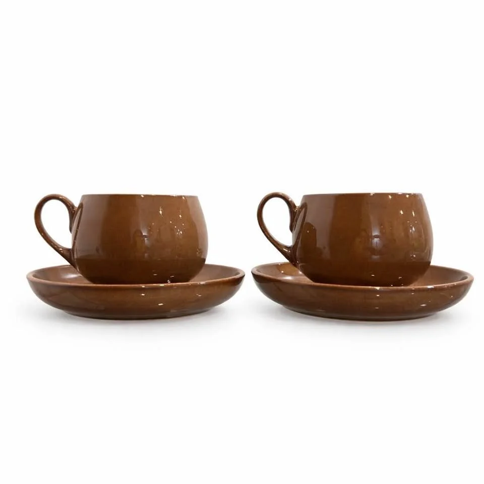 Service for Two Denby England Toffee Glaze Stoneware Cups and Saucers, Mid-Century