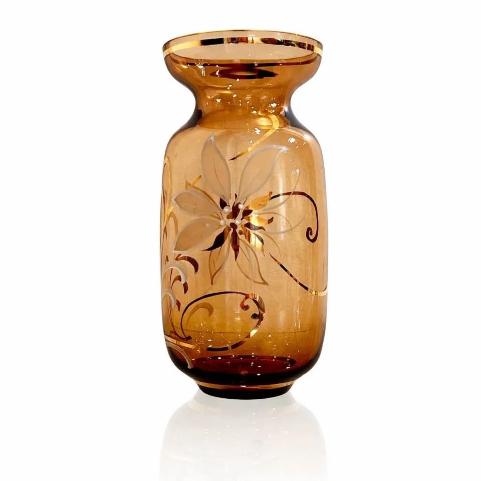 Italian Amber Art Glass Vase, Hand-Painted Enamel Floral Form