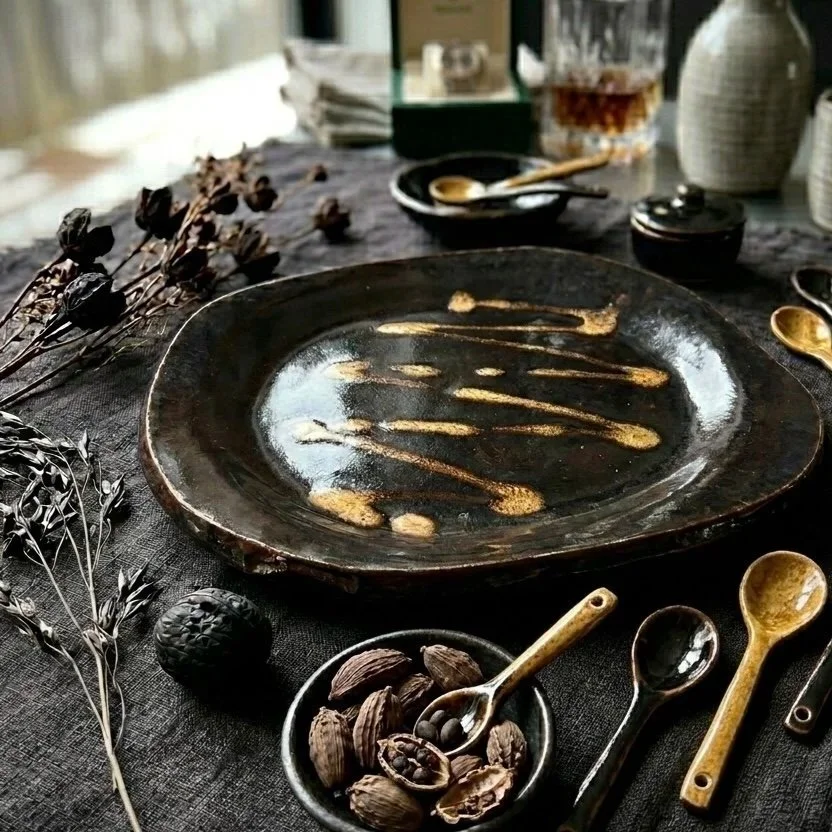 Empty black plate with gold streaks, surrounded by gold and black spoons, a small black bowl with nuts, dried flowers, a glass of drink, and decorative items on a black tablecloth.