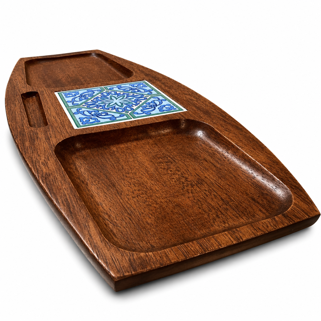 Scandinavian Teak and Ceramic Tile Serving Tray, Sculptural Organic Form