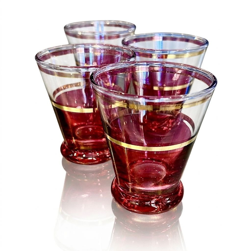 French Art Deco Ruby Glass Cordial Set, Gold Leaf Gilt Banding