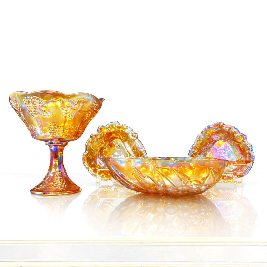Grape & Cable Marigold Carnival Glass Serving Set, c.1908–1925