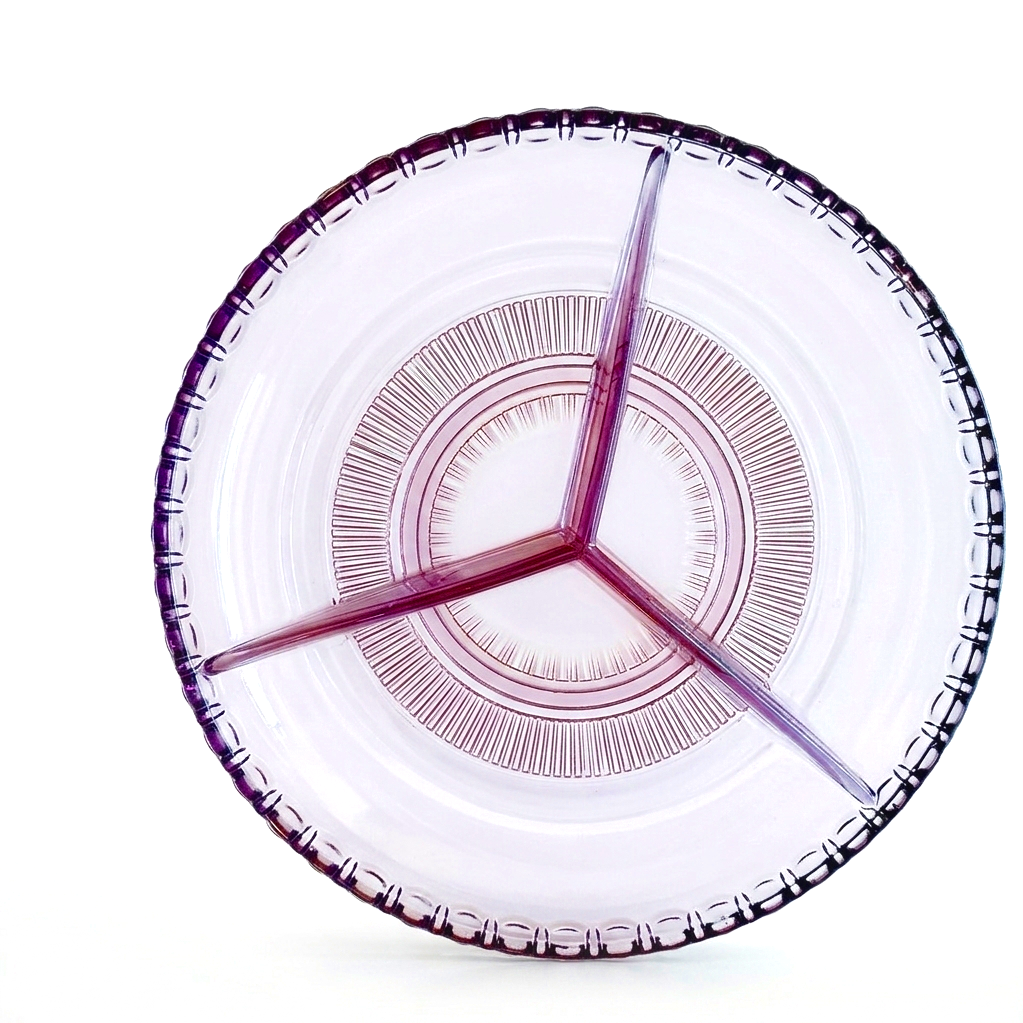 Art Deco Amethyst Glass Tri-Section Server | American Modernist Relief | Circa 1930s