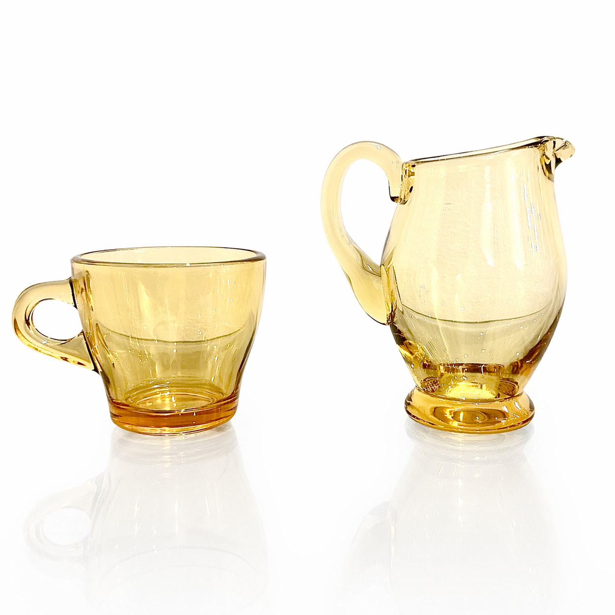Set of Mid-Century Amber Art Glass Creamer & Cup