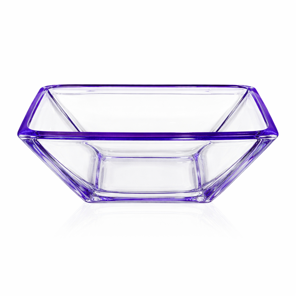 Italian Sommerso Art Glass Square Bowl, Amethyst and Clear Faceted Form