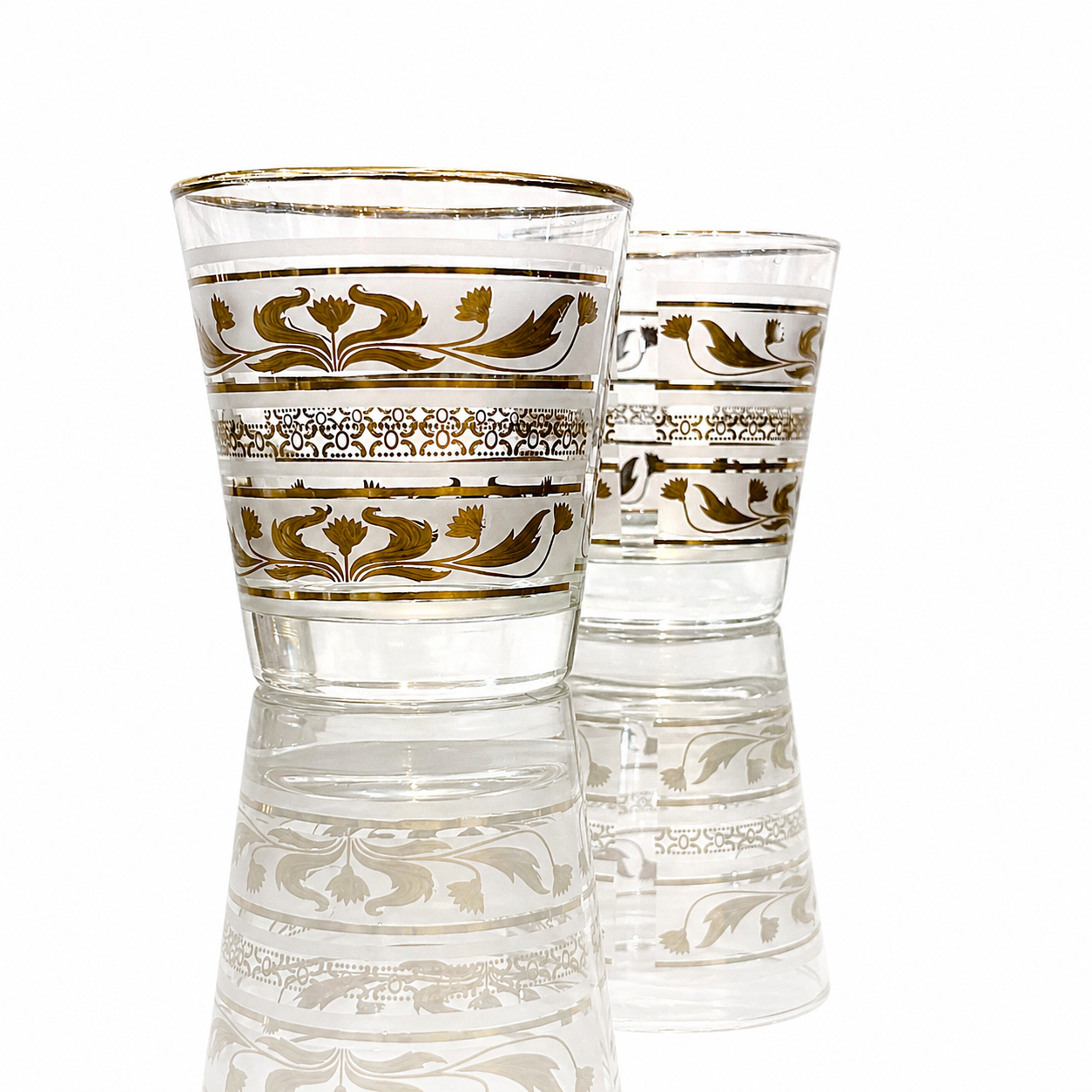 Gilt Decorated Barware Tumblers, Mid-Century Modern Scroll Motif Glass.png