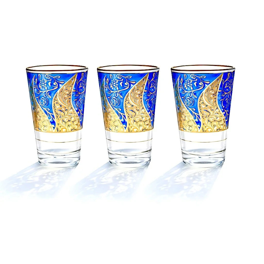 Set of 3 Bohemian Cobalt and Gilt Uranium Glass Aperitif Tumblers, 1950s–1960s