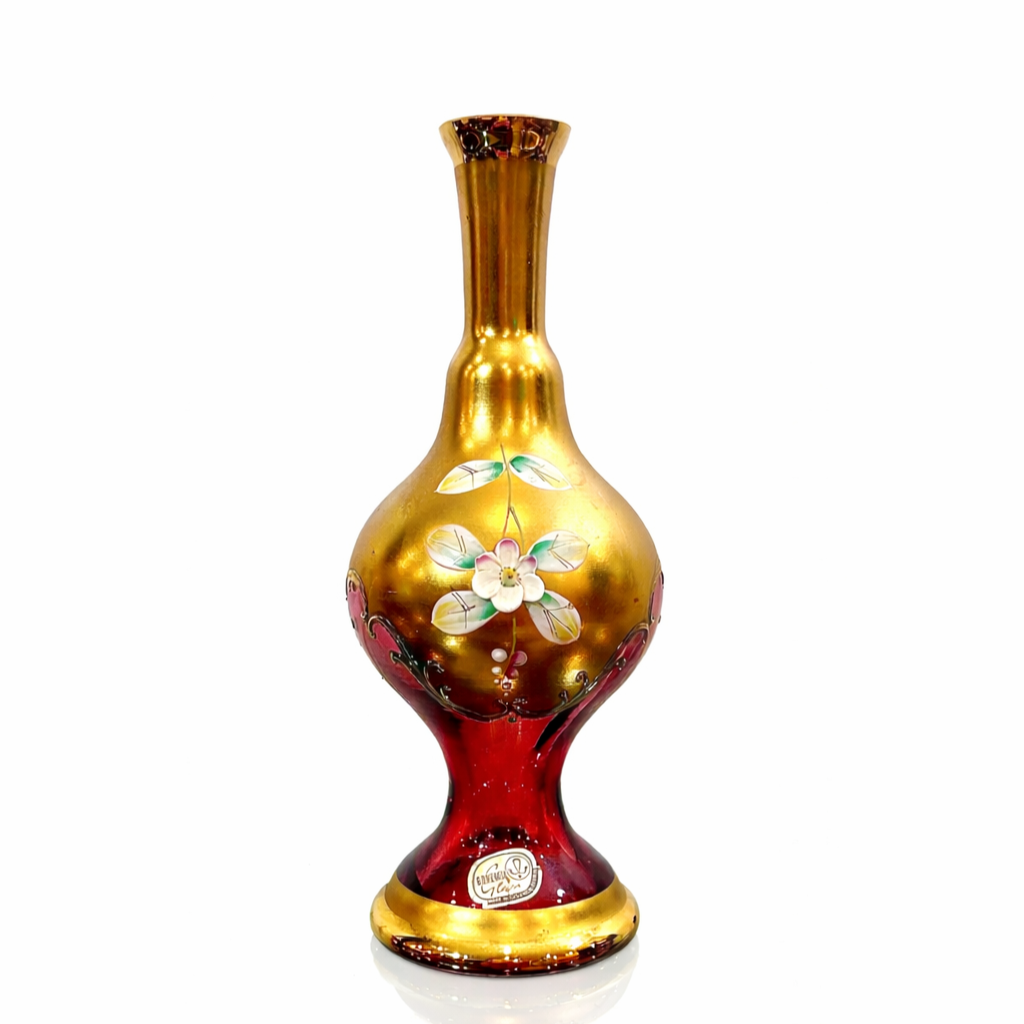 Antique Ruby Cranberry & Gold Enamel Heart Goblets (Pair)