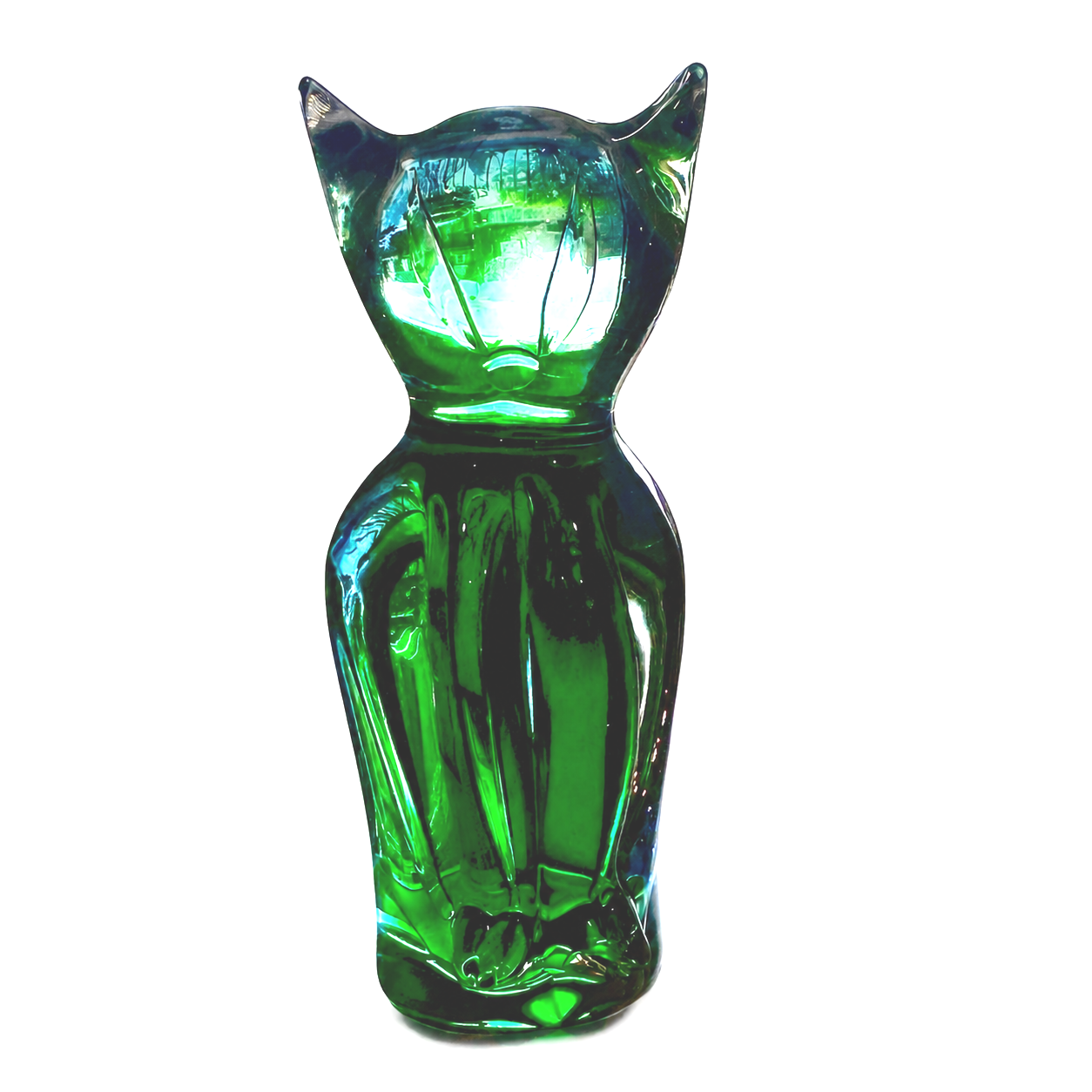 Italian Emerald and Cobalt Art Glass Cat Sculpture, Sommerso Style Form