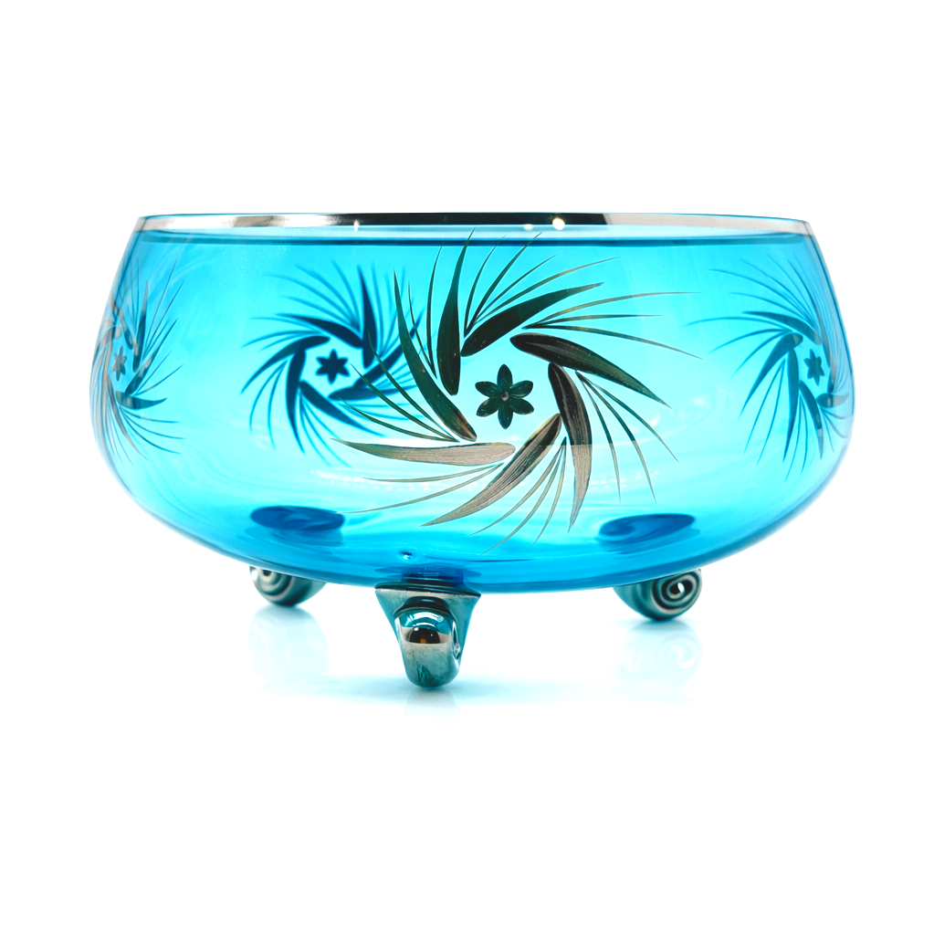 Czechoslovak Aquamarine Art Glass Tripod Centerpiece Bowl with Silver Overlay, 1950s