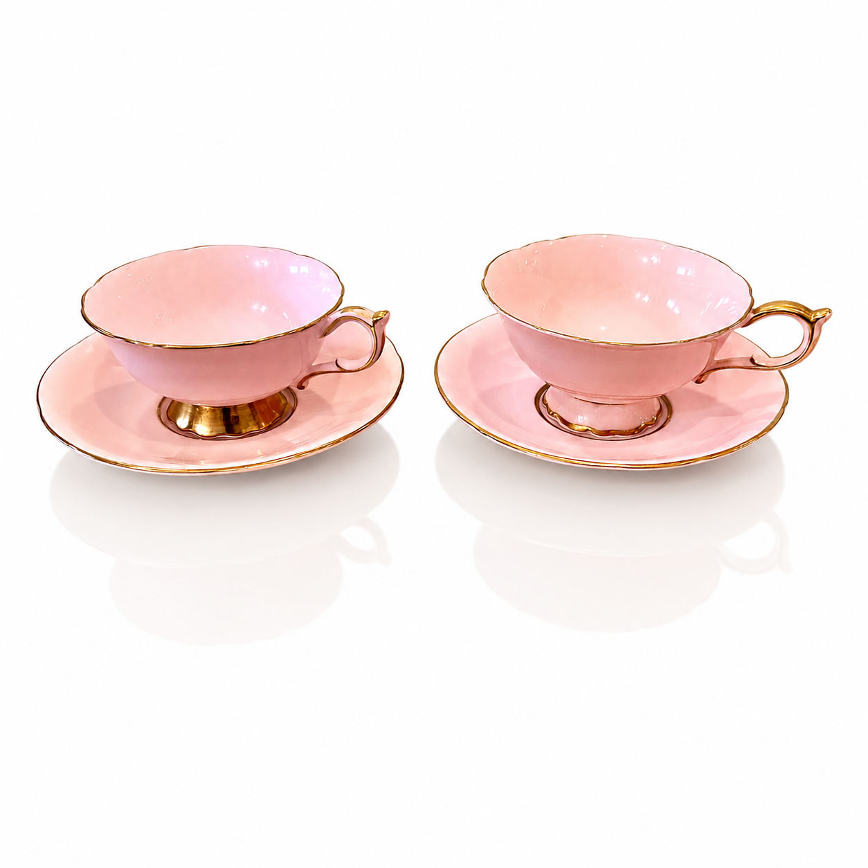 British Ceramic Paragon Fine Bone China Tea Cups and Saucers, Sculptural Pastel Gilt Forms