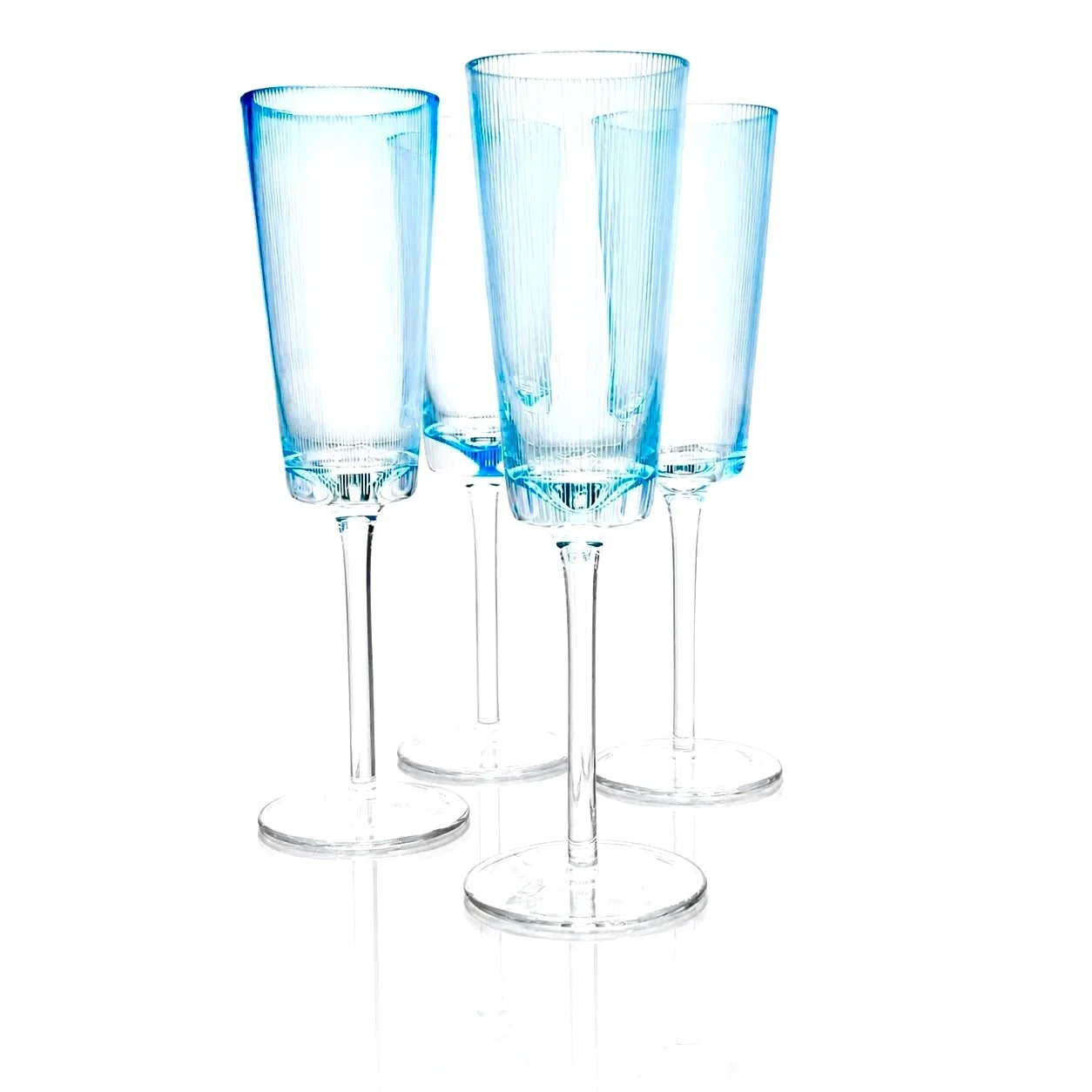 Aquamarine Crystal Optic Ribbed Champagne Flutes, Sculptural Tall Form — Service for 4
