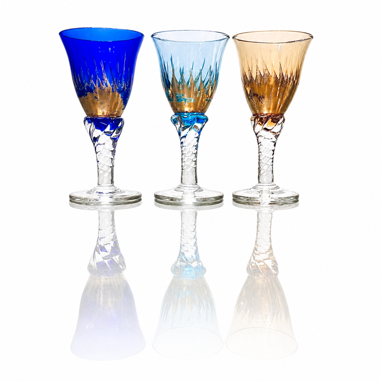 French Neoclassical Cobalt, Aquamarine and Peach Glass Flutes, Gilded Laurel Motif — Service for 3