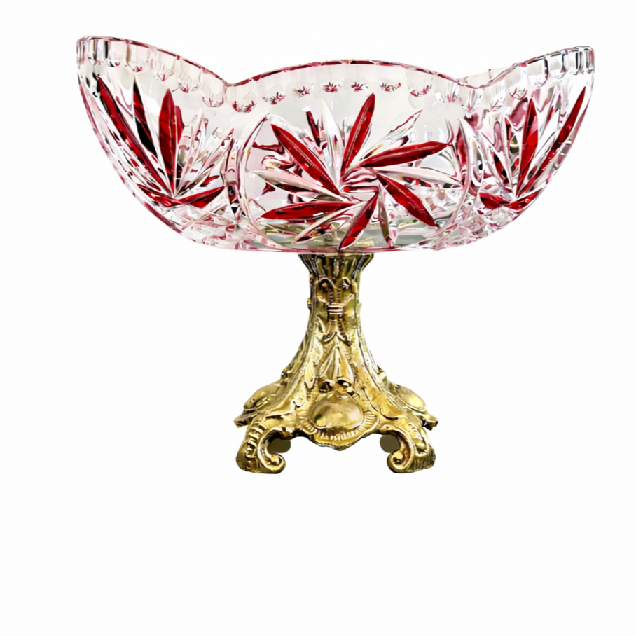 Cut Crystal Ruby Overlay Compote with Gilt Bronze Base