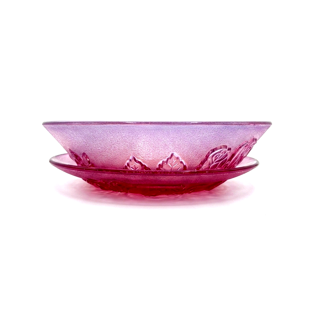 Indonesian Pressed Glass Bowl and Plate Set, Frosted Pink Rose Relief