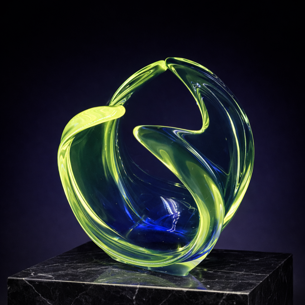 Central European Cobalt and Uranium Cased Glass Sculpture, Organic Fluid Form