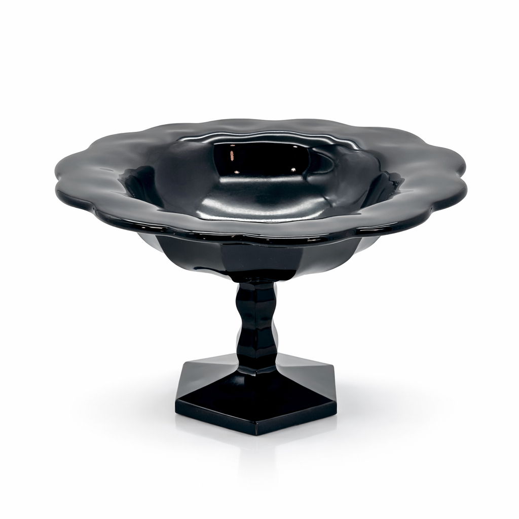 Black Art Glass Pedestal Bowl, Sculptural Scalloped Form