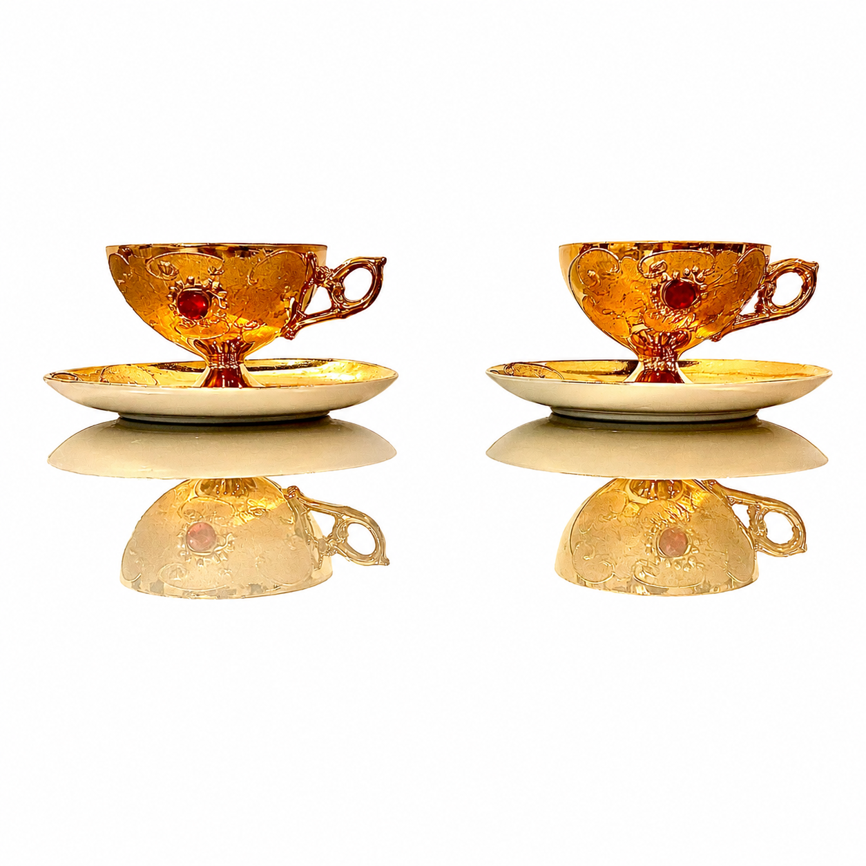 German Art Deco Lusterware Demitasse Cup and Saucer Set, Iridescent Gold 4-Piece Ensemble