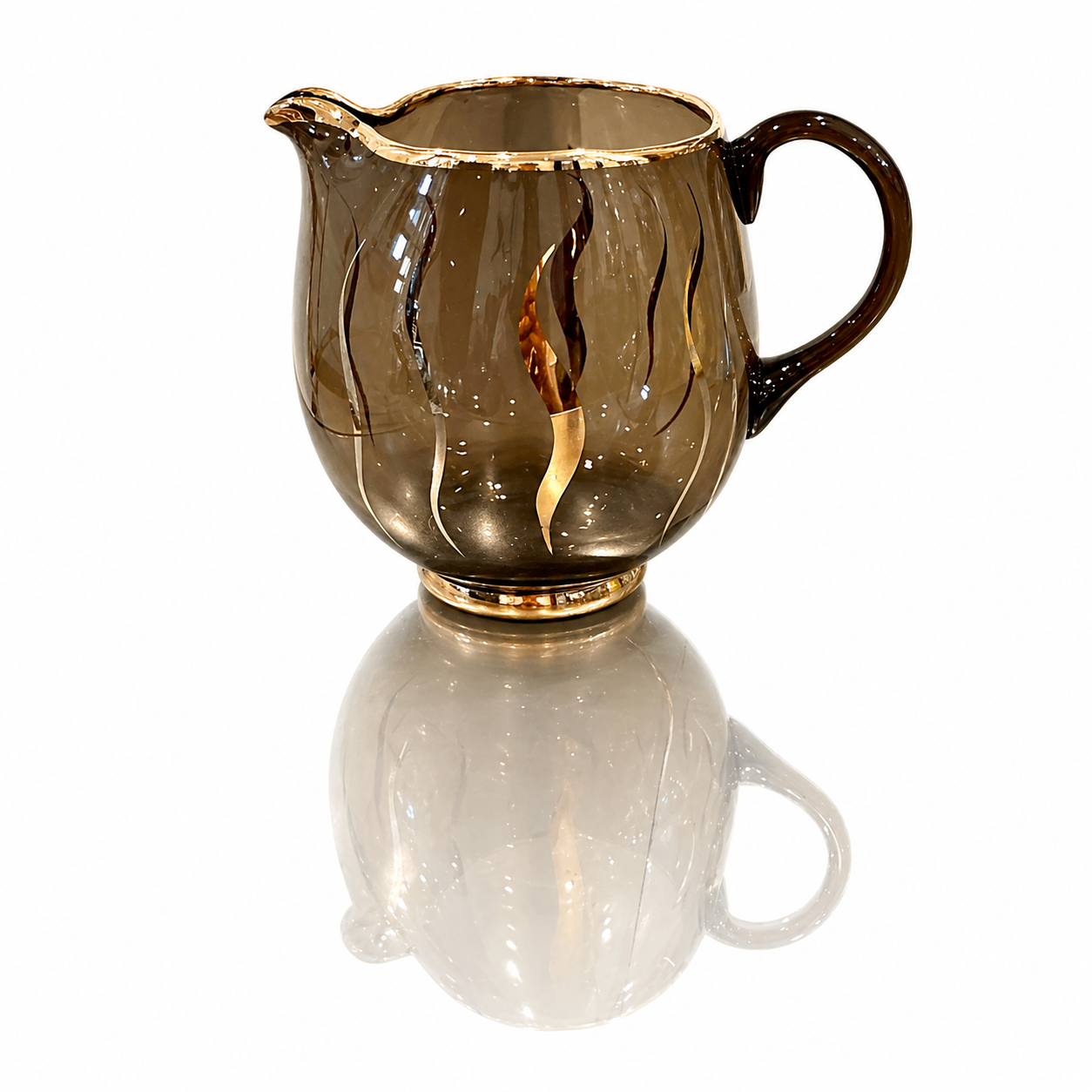Bohemian Amber Art Glass Pitcher, Mid-Century Gilt Flame Form