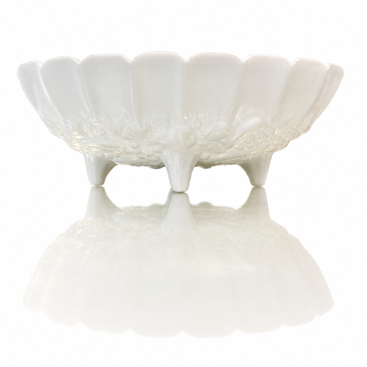 Milk Glass Centerpiece Bowl, Sculptural Scalloped Fruit and Flora Form