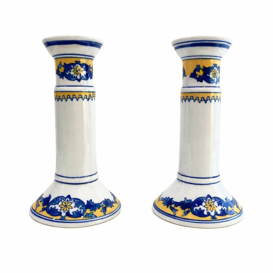 Choisy-le-Roi Attributed Faience Candlesticks, Pair