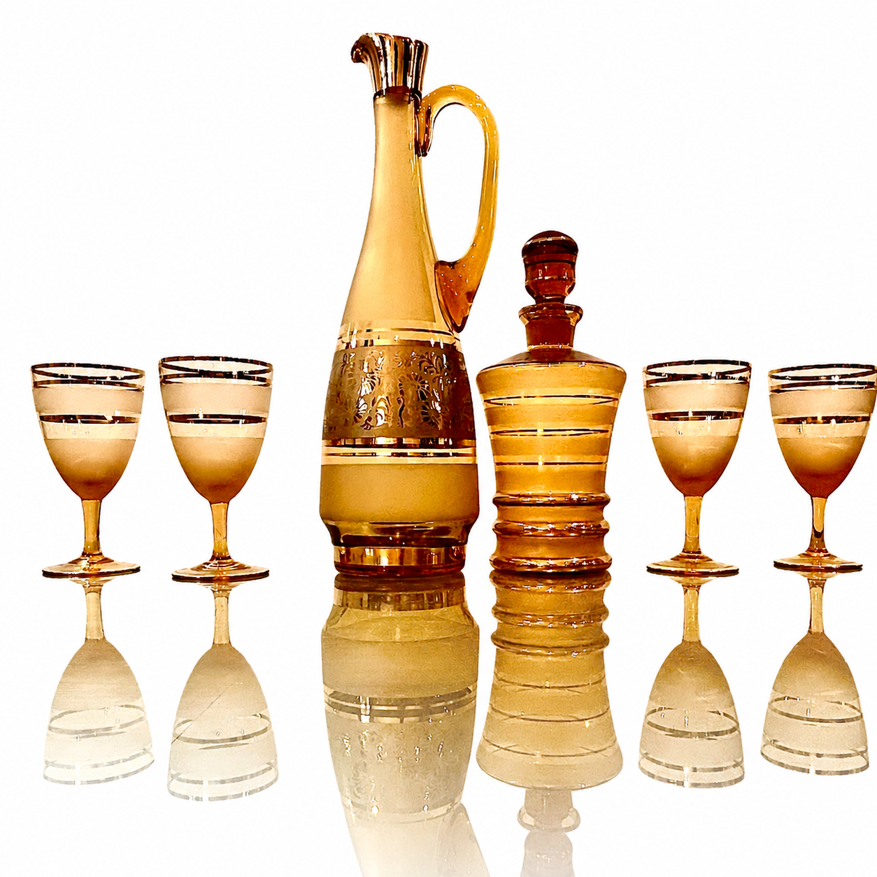 Czechoslovakian Blown Glass Minimalist Gilded Cocktail Bar Set, 6 PieceService for 4