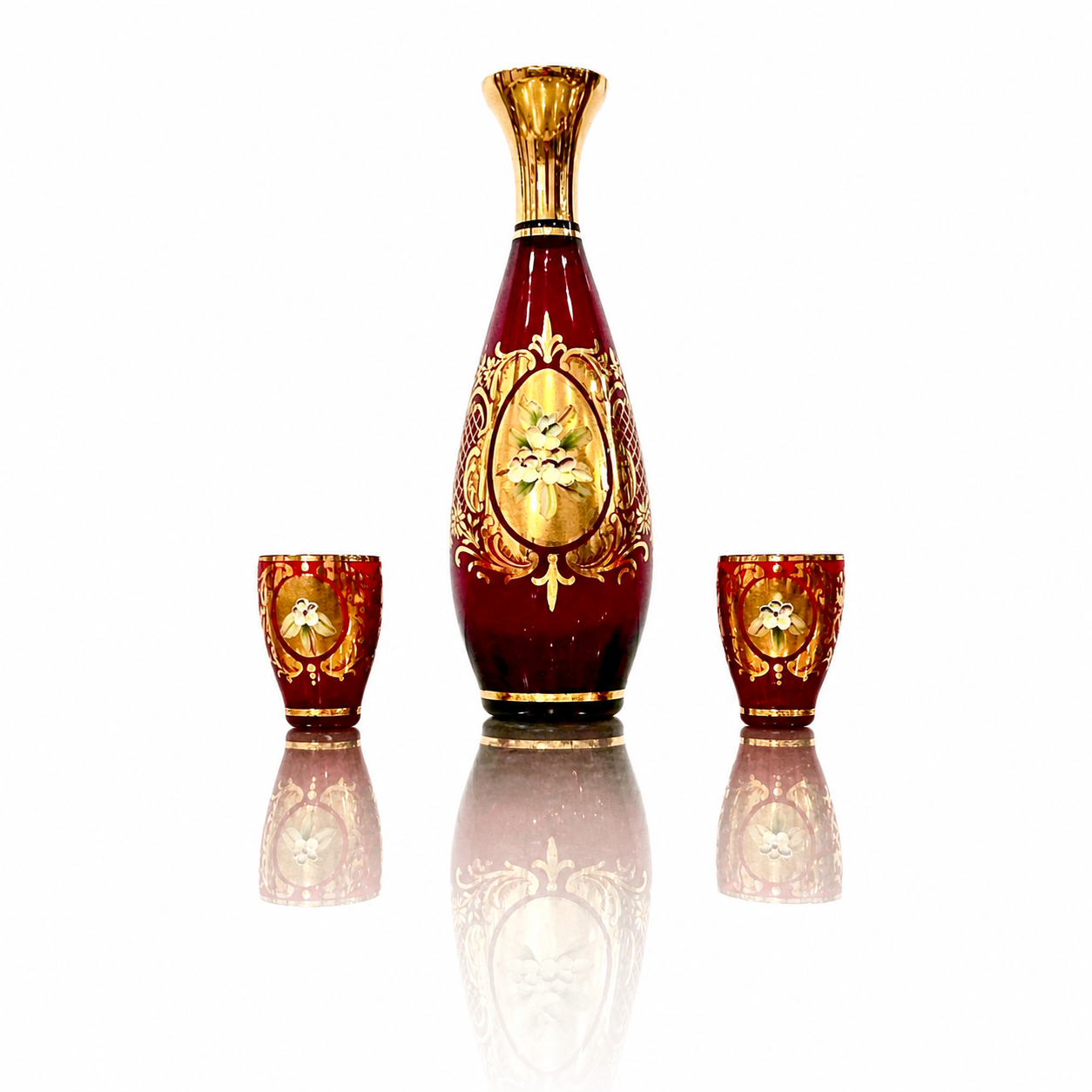 Italian Murano Cranberry Glass Decanter and Cordial Set, Salvadori Style Tre Fuochi 7-Piece Set