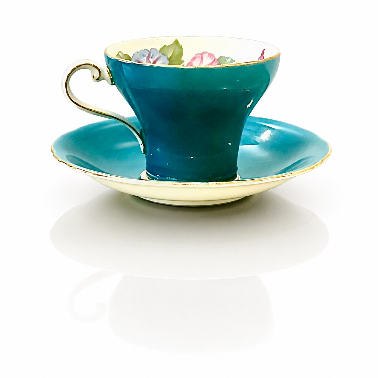 British Ceramic Aynsley Fine Bone China Tea Cup and Saucer, Turquoise Sculptural Form