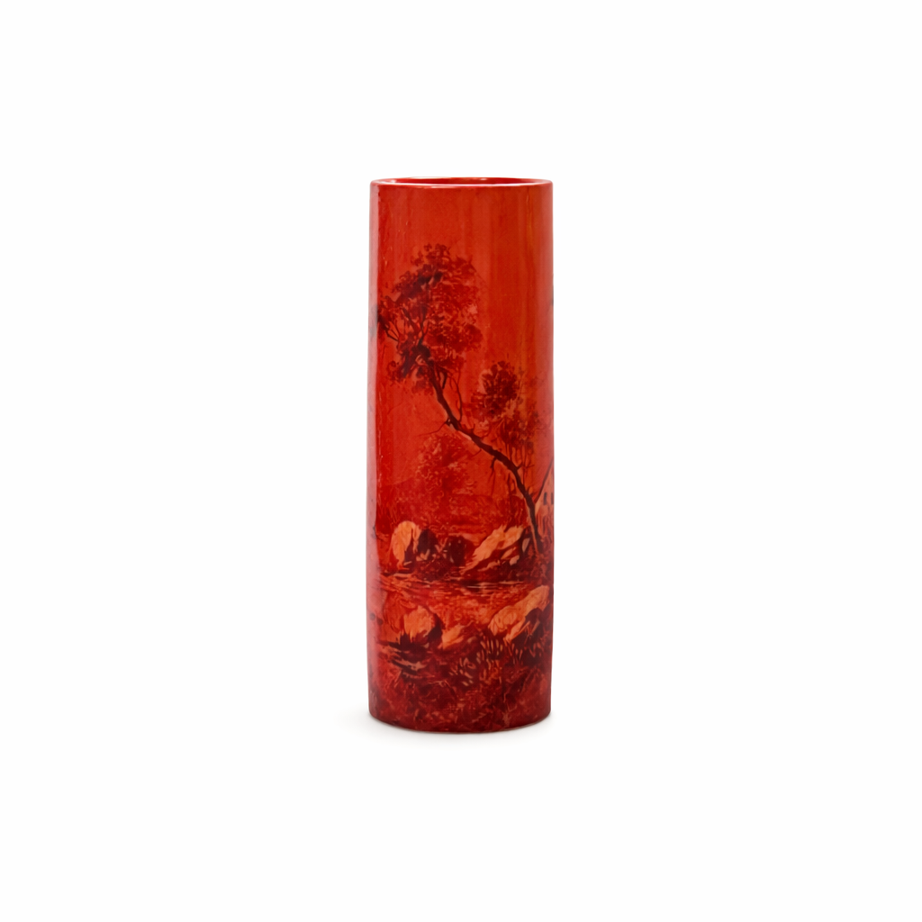 Signed Italian Scenic Oxblood Art Glass Cylinder Vase, 11 Inches