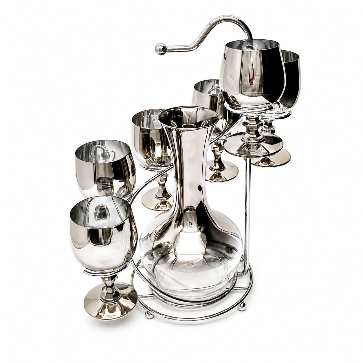 American Silver Luster Glass Decanter Set with Diamond-Facet Stems