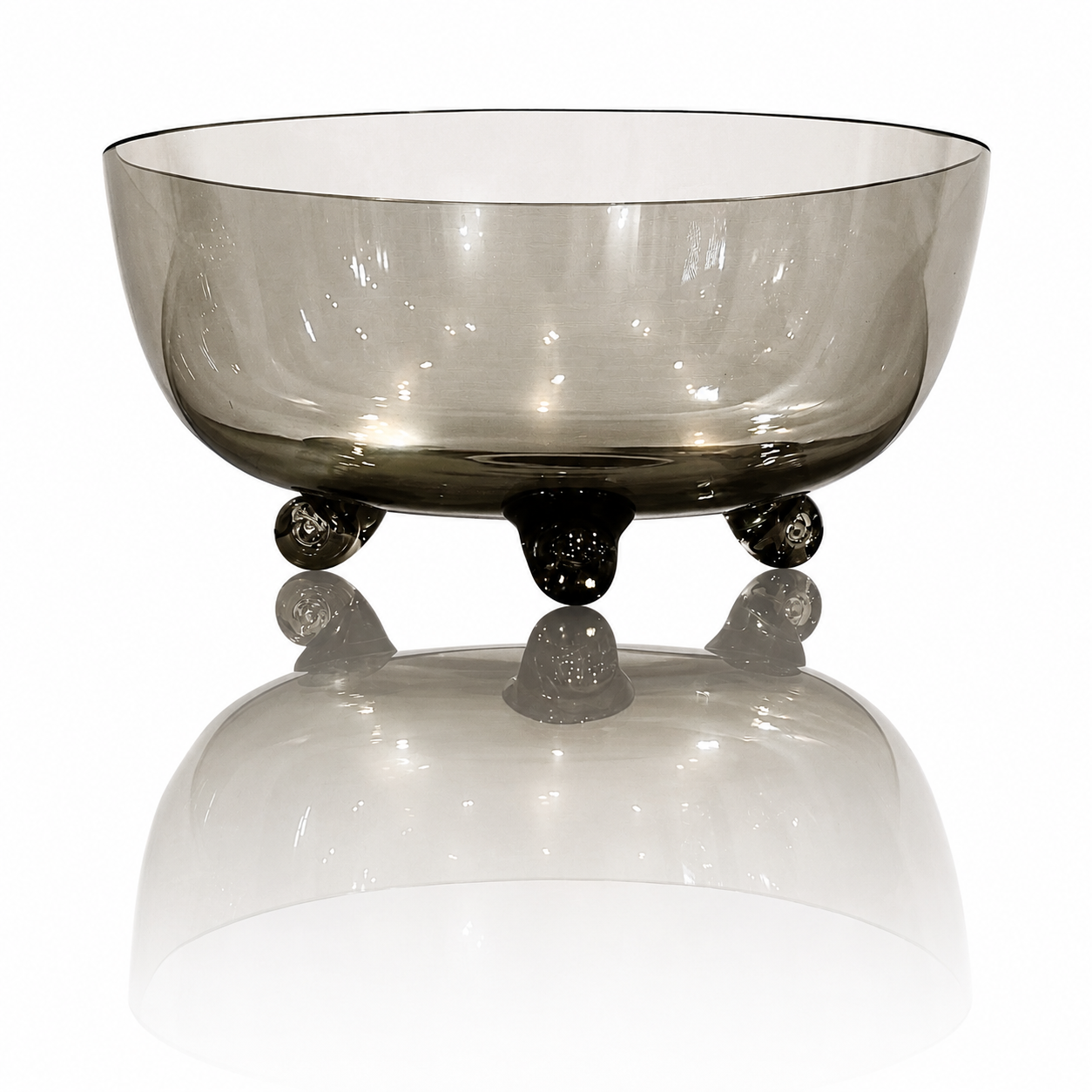 Scandinavian Smoky Art Glass Tripod Bowl, Minimalist Fluid Form