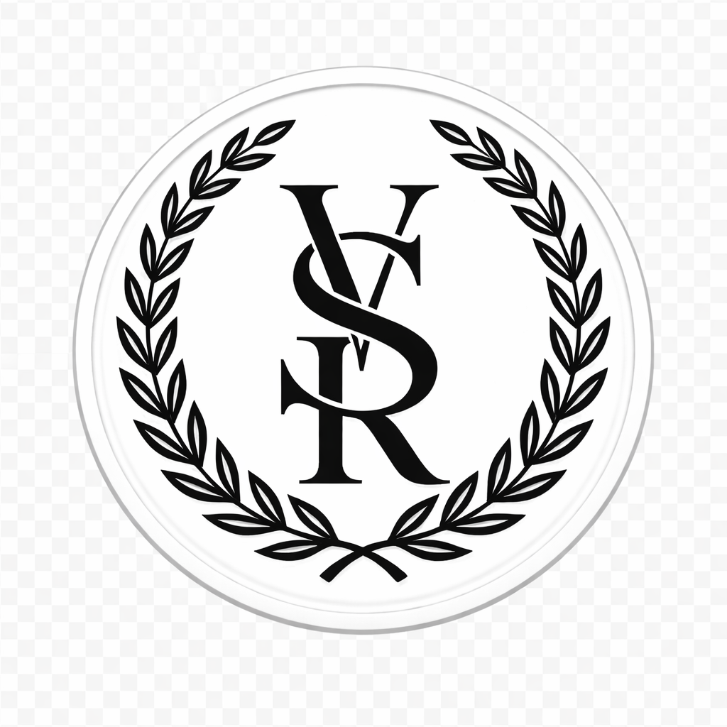 A circular logo with a black monogram of the letters 'V', 'S', 'R' in the center, surrounded by a laurel wreath.